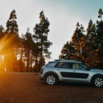 grey and blakc SUV across trees